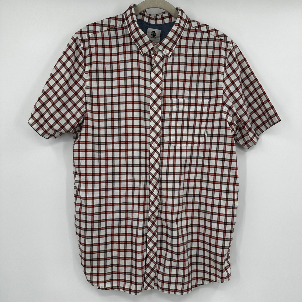 Element Mens Short‎ Sleeve Plaid Button Down Shirt White Orange Black Large